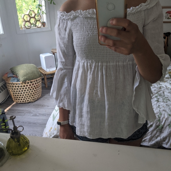 Zara off-shoulder bell sleeve linen blouse XS - Picture 2 of 7